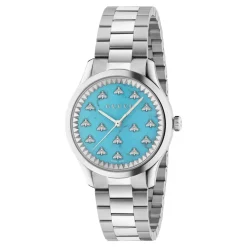 32 mm stålkasse, akvamarin stendial med bier, stålarmbånd