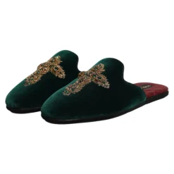 Grøn Velvet Cross Embellished Slippers