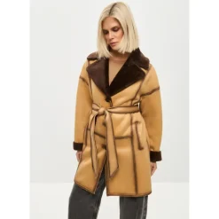 Knaplukket Vendbar Lang Frakke i Imiteret Materiale - Lys Brun