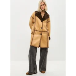 Knaplukket Vendbar Lang Frakke i Imiteret Materiale - Lys Brun