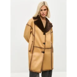 Knaplukket Vendbar Lang Frakke i Imiteret Materiale - Lys Brun