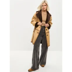 Knaplukket Vendbar Lang Frakke i Imiteret Materiale - Lys Brun