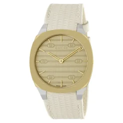 Multi-lagdelt Gylden Messing Skive med Hvidt Læderrem