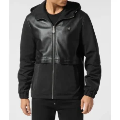 Nylon/Leather Hooded Jacket LS