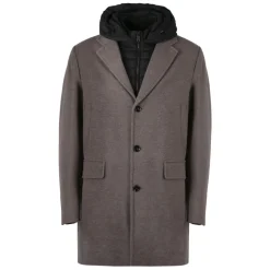 Polstret uldfrakke med aftagelig hætte