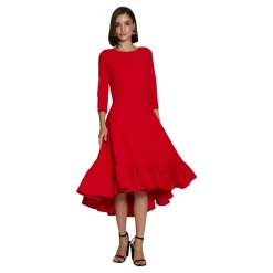 Rød Midi Kjole med Rund Hals