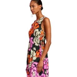 Sort blomstret lang silkekjole