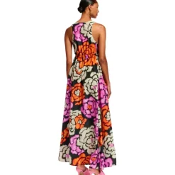 Sort blomstret lang silkekjole