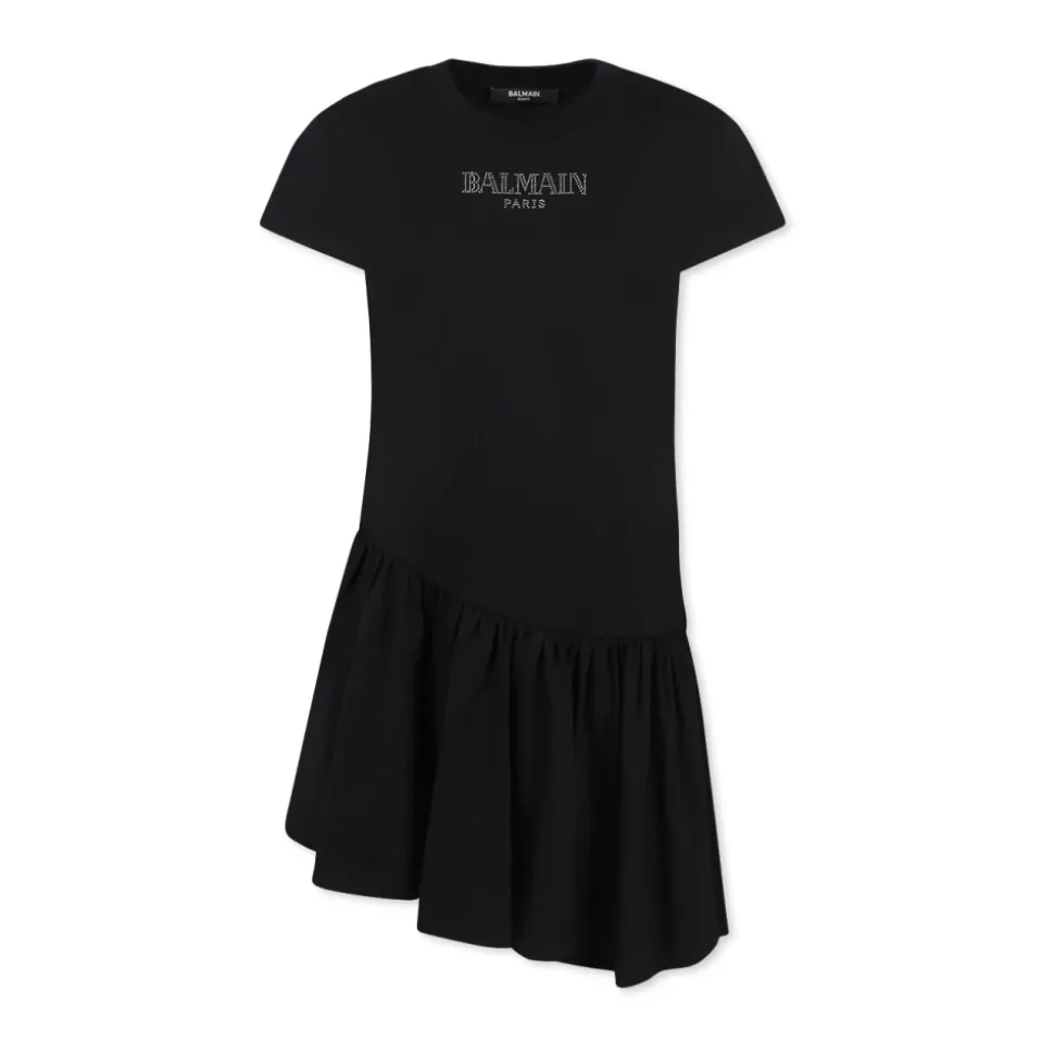 Sort Bomulds Kjole med Korte Ærmer og Flæser