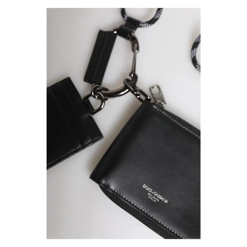 Sort Læder Lanyard Zip Around Kortholderpung