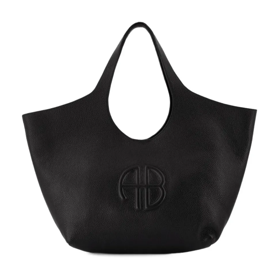 Sort Læder Tote Bag - Flaplukning