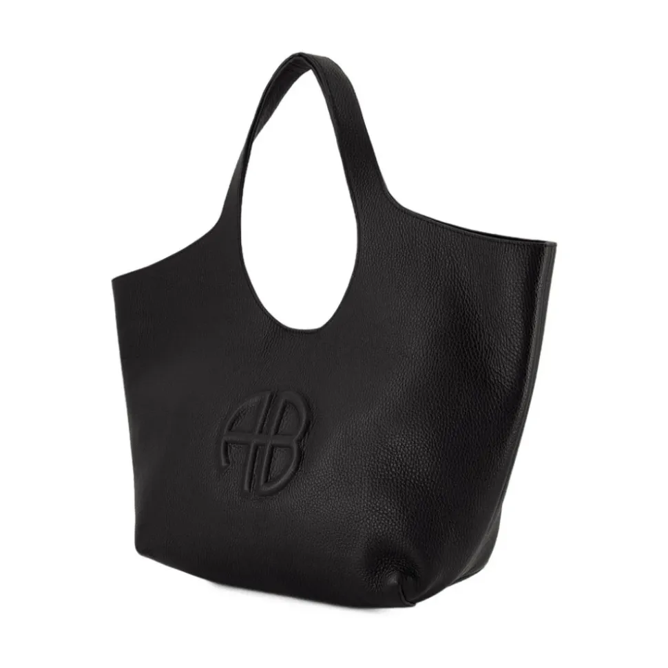 Sort Læder Tote Bag - Flaplukning