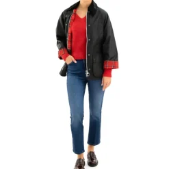 Sort voksbehandlet bomuldsjakke med corduroy krave