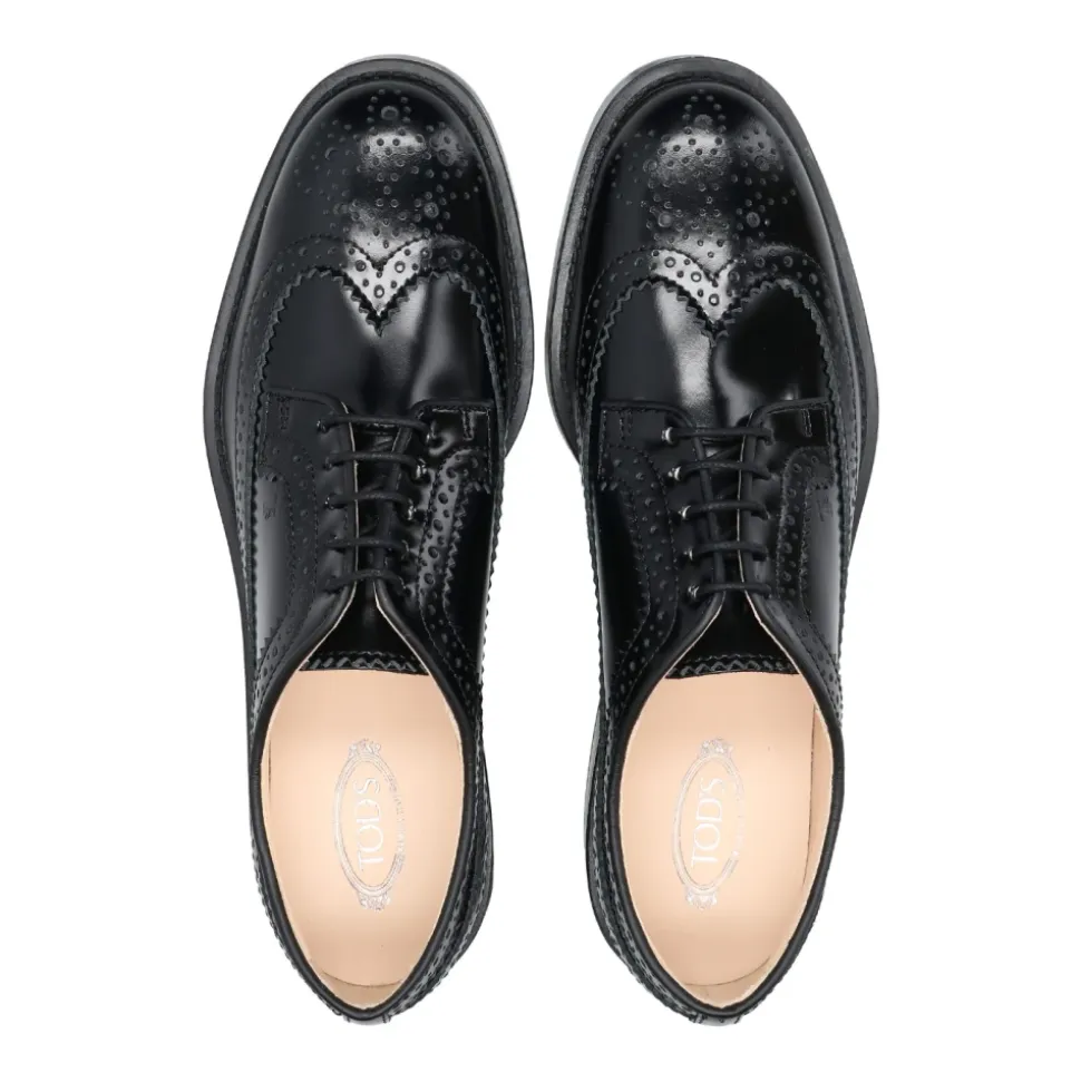 Sorte Læder Flade Sko med Engelske Perforeringer
