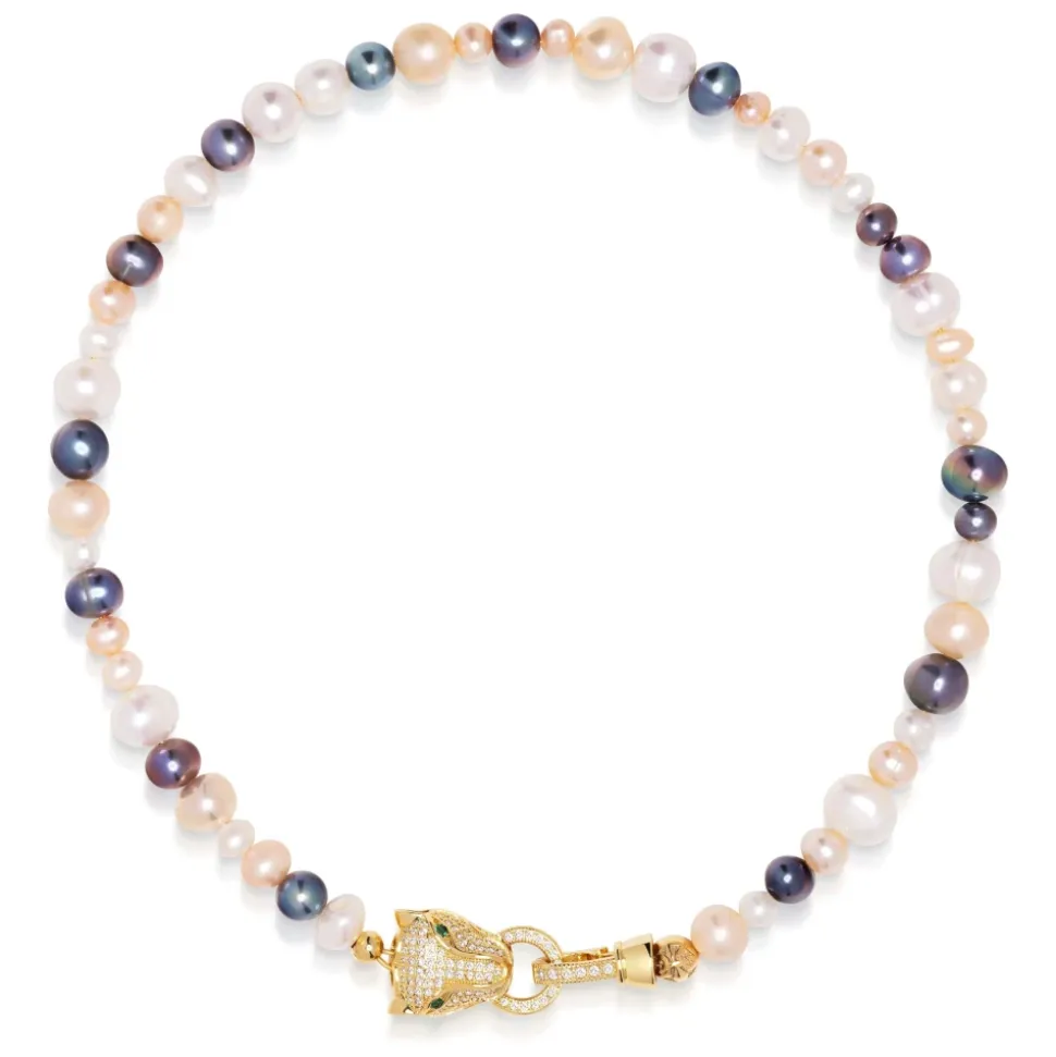 Women's Multi-Colored Pearl Choker with Gold Panther Head
