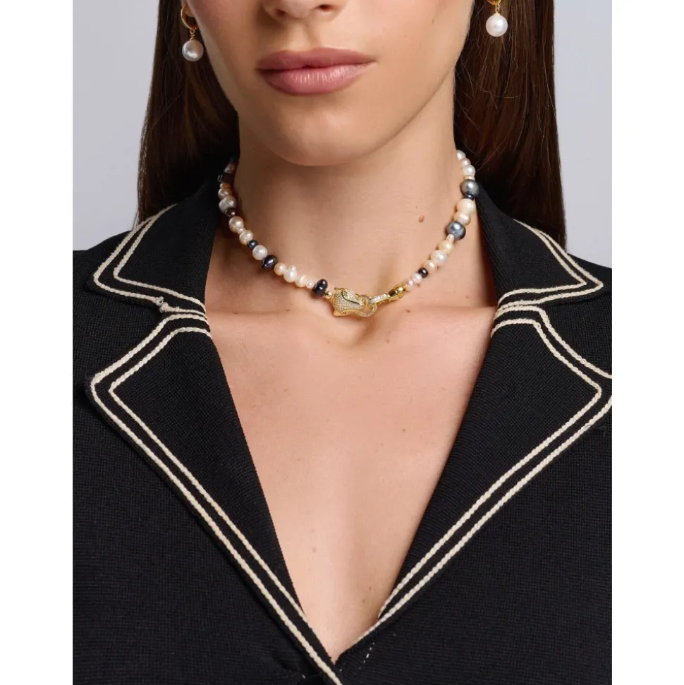 Women's Multi-Colored Pearl Choker with Gold Panther Head