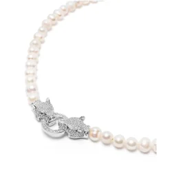 Women's Pearl Choker with Silver Double Panther Head