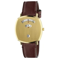 YA157411 - Grip Gult guld PVD, 3 vinduer der angiver time, minut & dato, bordeaux læderrem